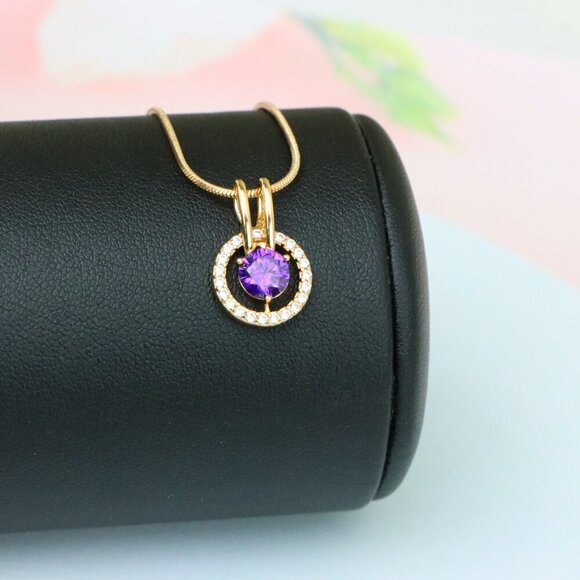 "Radiant Purple Halo Pendant in Gold Plated Brass with Crystal Ring, XPPT1711 - Picture 7 of 13